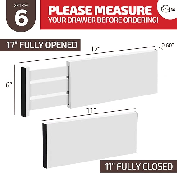 6 Pack Adjustable Bamboo Drawer Dividers 6” High Expandable Organizers for Kitchen Utensils, Clothes & Office Drawers