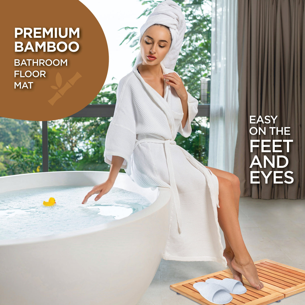 Bamboo Bath Mat - Foldable Non-Slip Wooden Shower Mat for Bathroom, Spa and Sauna (24” x 18”)