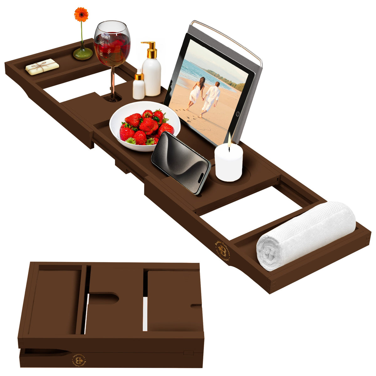 Bamboo Bathtub Tray – Expandable Black Bath Caddy with Wine Glass Holder, Book and Tablet Stand Foldable Wooden Tub Tray for Spa Relaxation, Bathroom Accessories, and Gift Ideas