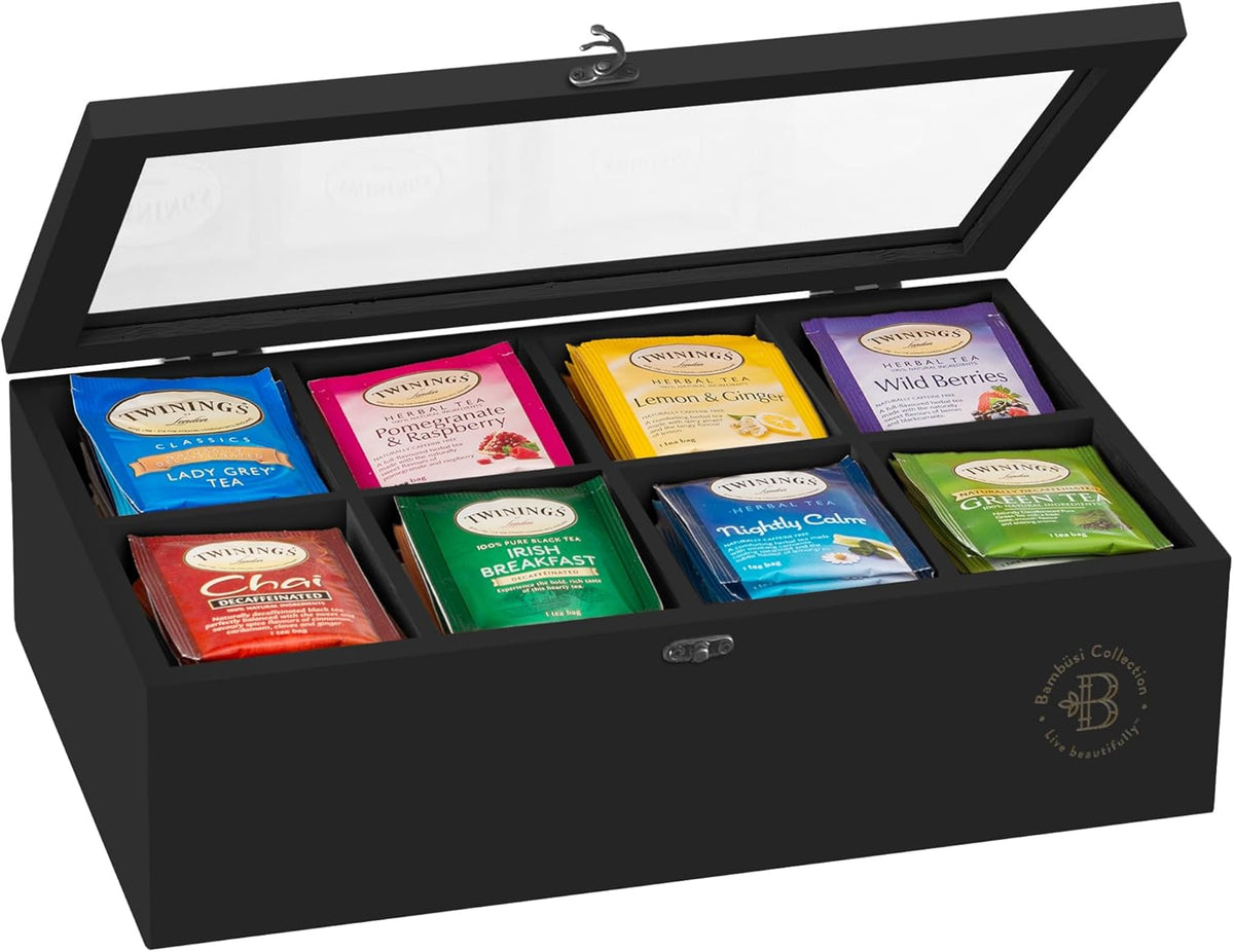 Bamboo Tea Organizer Box with 8 Compartments and Magnetic Lid for Kitchen Storage