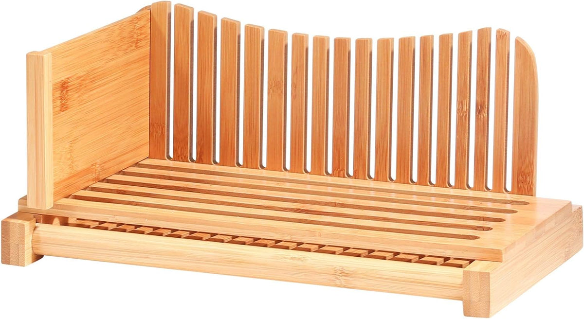 Foldable Bamboo Bread Slicer with Knife and Crumb Tray | Adjustable Bread Cutter for Homemade Loaves Sourdough Bagels and Cakes | Perfect Kitchen Baking Gift