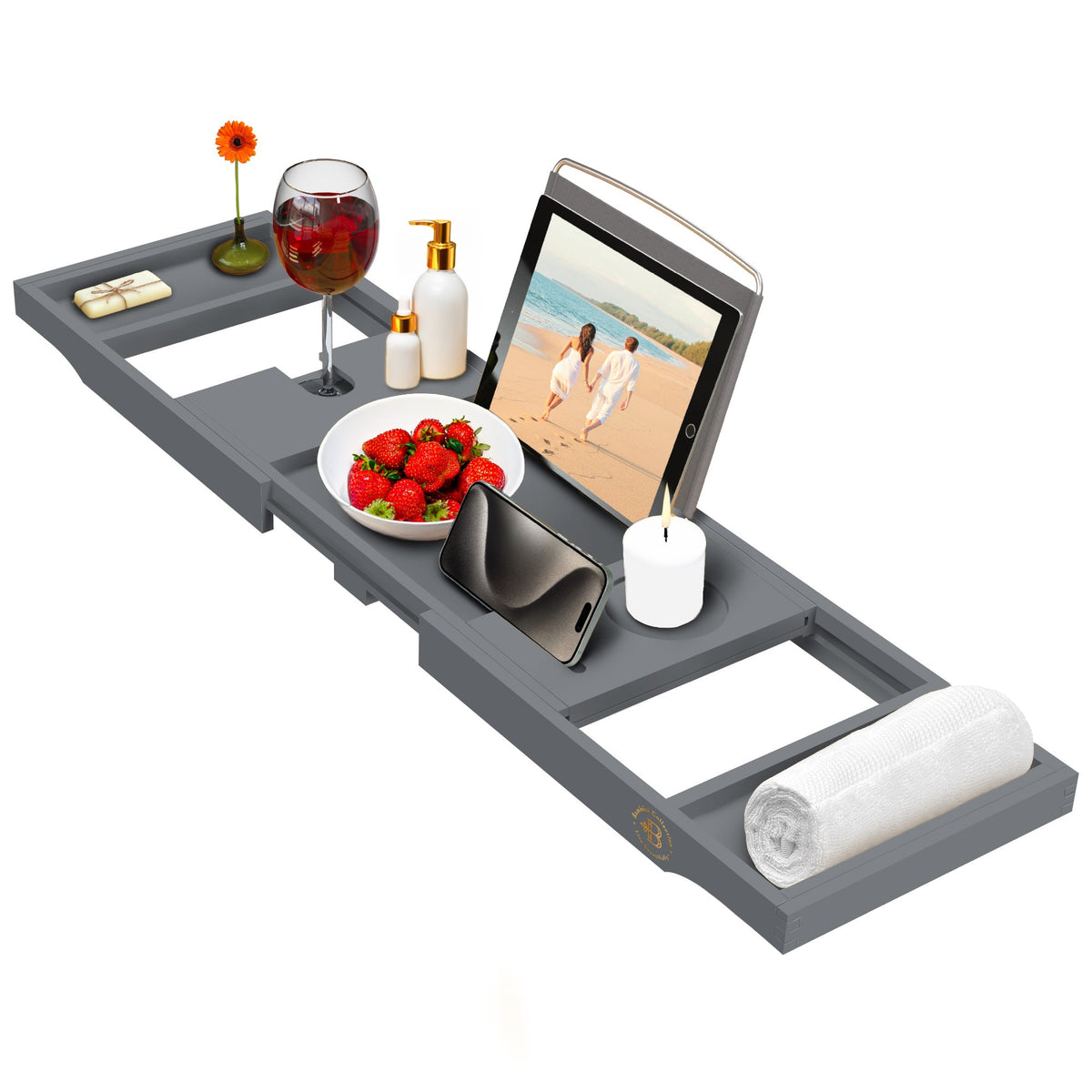 Bamboo Bathtub Tray – Expandable Black Bath Caddy with Wine Glass Holder, Book and Tablet Stand Foldable Wooden Tub Tray for Spa Relaxation, Bathroom Accessories, and Gift Ideas