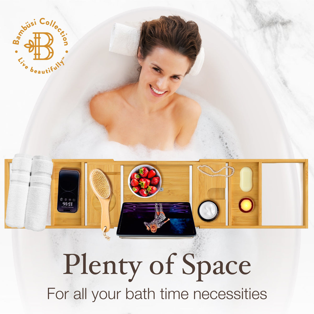 Bamboo Bathtub Tray – Expandable Black Bath Caddy with Wine Glass Holder, Book and Tablet Stand Foldable Wooden Tub Tray for Spa Relaxation, Bathroom Accessories, and Gift Ideas