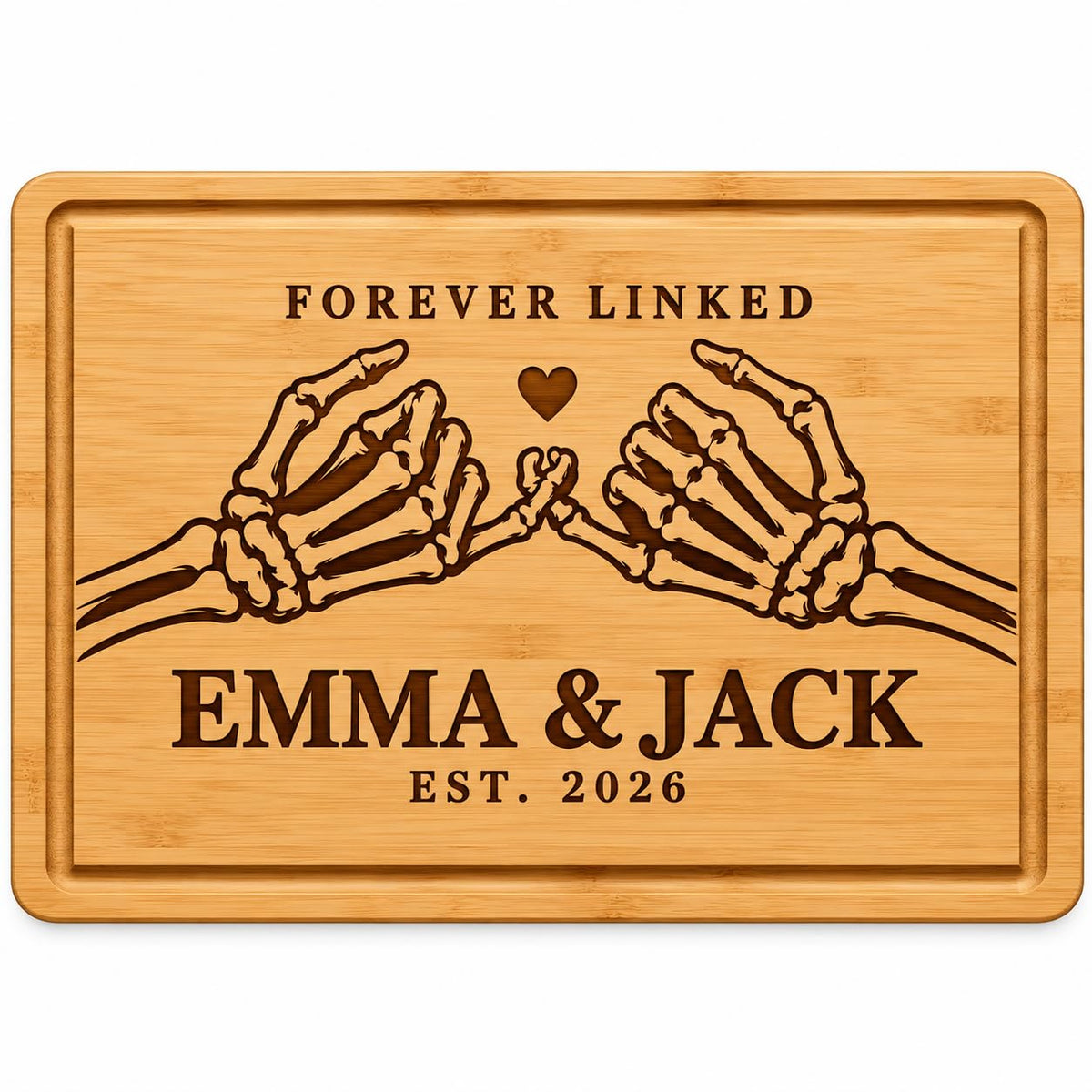 Personalized Halloween cutting board for couples engraved with names and date on bamboo