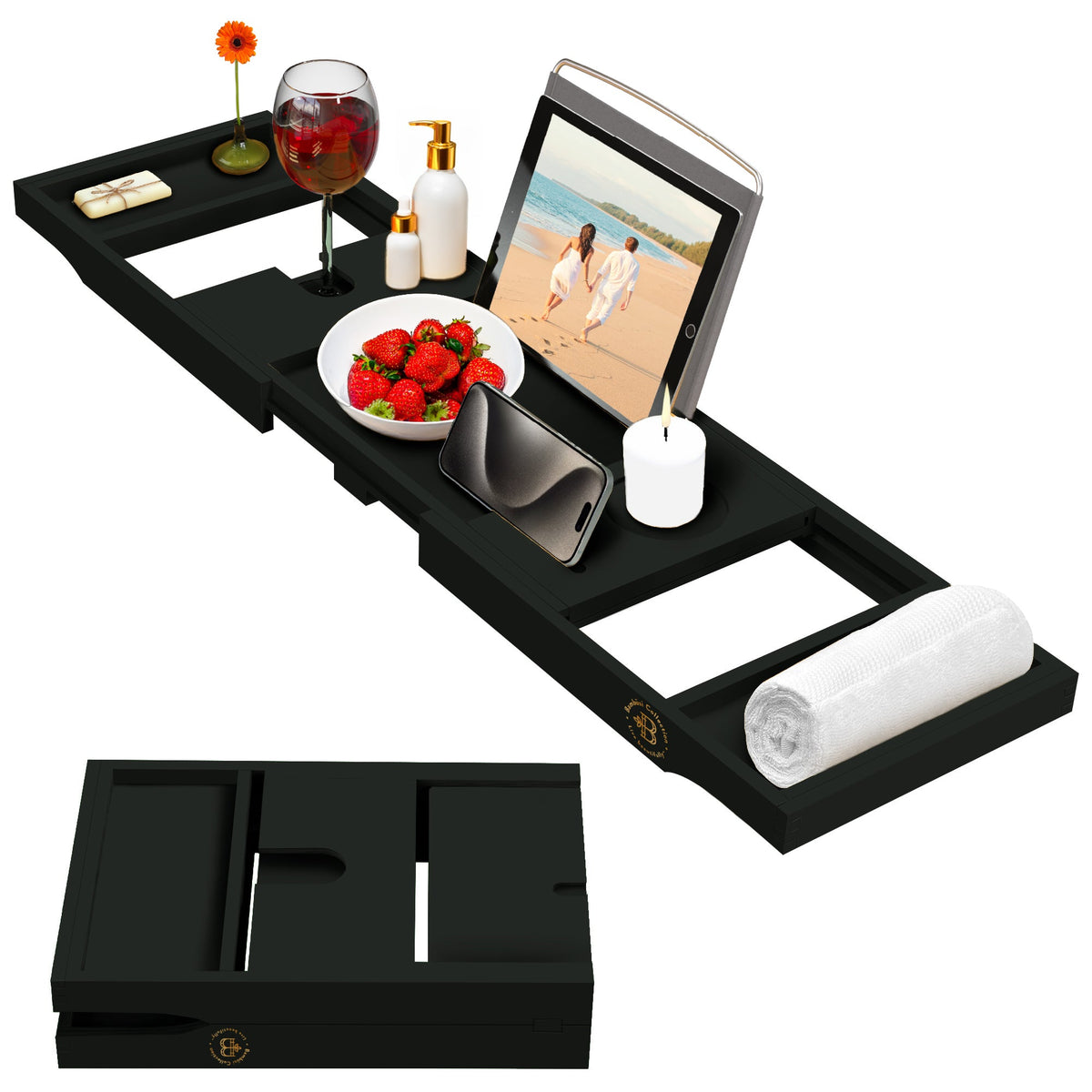 Bamboo Bathtub Tray – Expandable Black Bath Caddy with Wine Glass Holder, Book and Tablet Stand Foldable Wooden Tub Tray for Spa Relaxation, Bathroom Accessories, and Gift Ideas
