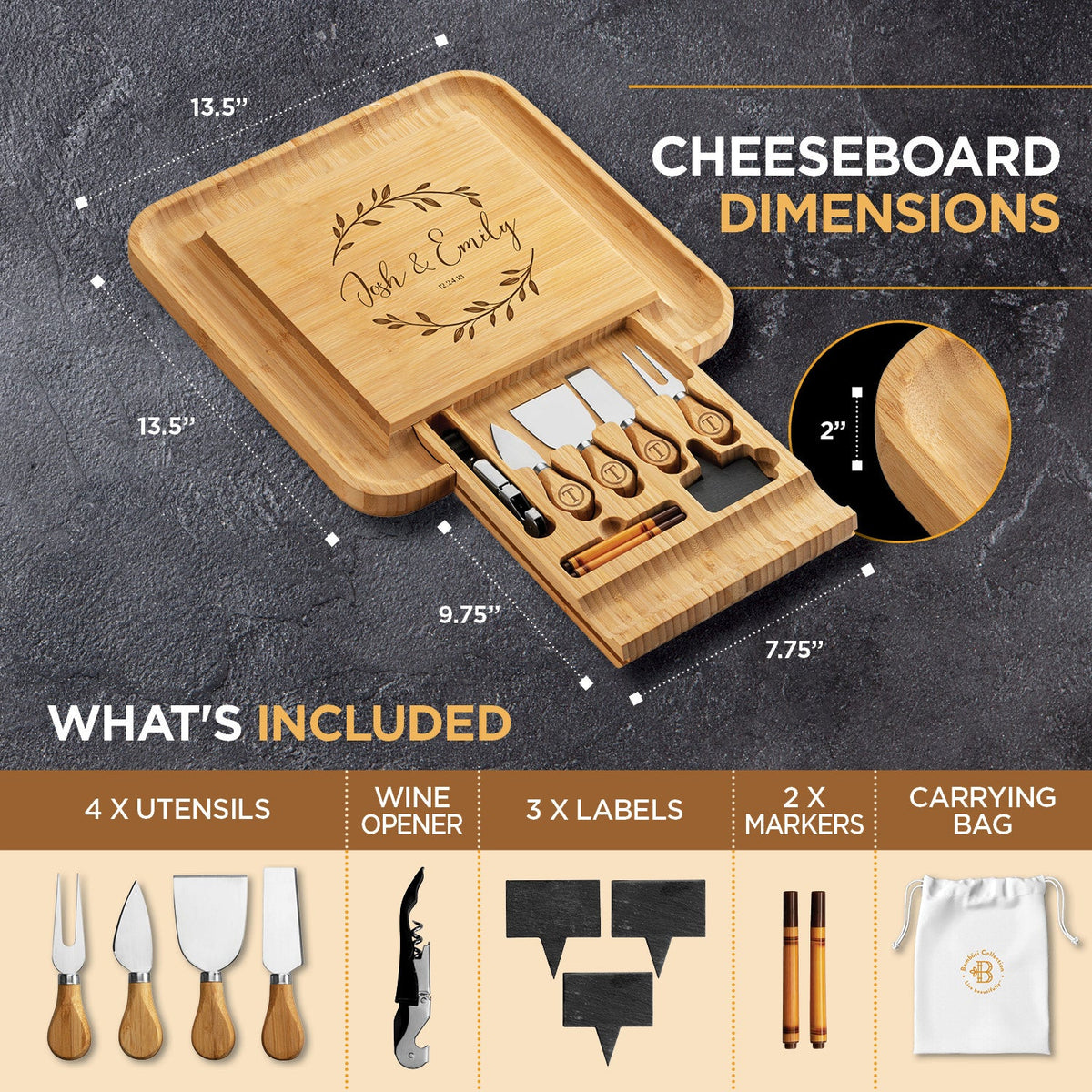 Personalized Bamboo Cheese Board Set with Knife Drawer & Bowls – Charcuterie Platter for Entertaining & Gifting