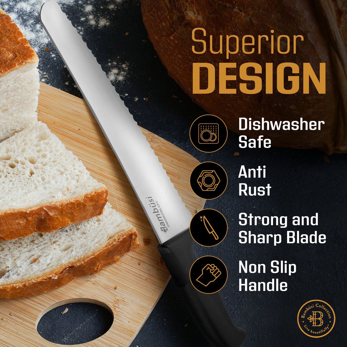 10 Inch Serrated Bread Knife - Stainless Steel Cutter for Sourdough, Baguettes & Homemade Bread