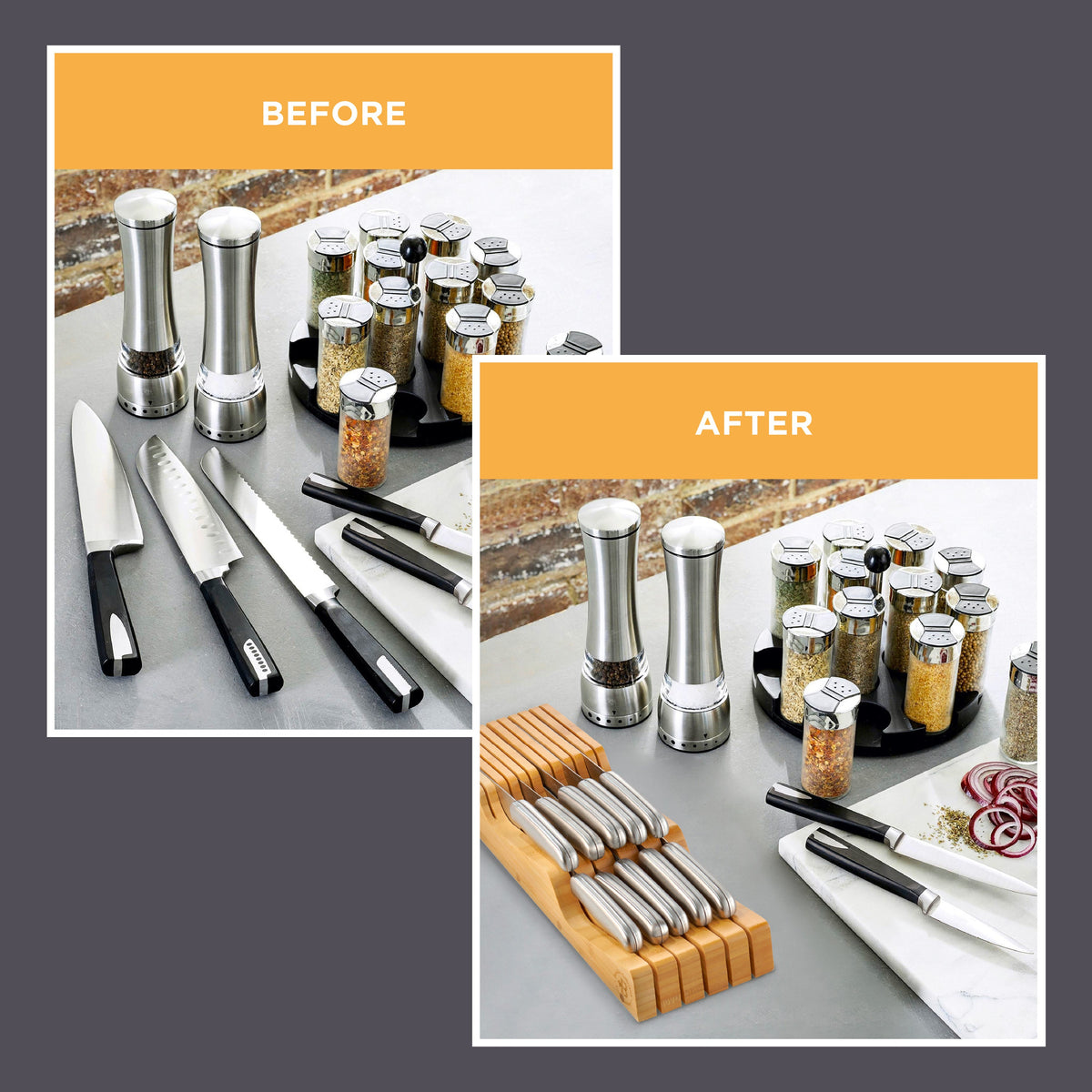 Bamboo Drawer Knife Organizer – Kitchen Knife Storage Tray for Drawers, Utensils and Cutlery