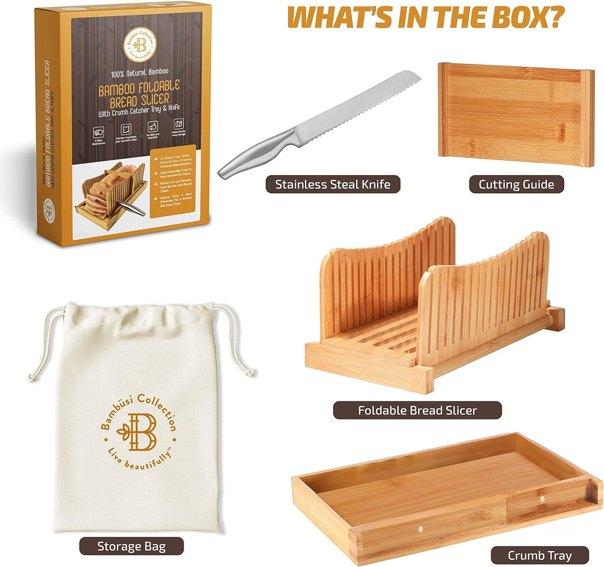 Foldable Bamboo Bread Slicer with Knife and Crumb Tray | Adjustable Bread Cutter for Homemade Loaves Sourdough Bagels and Cakes | Perfect Kitchen Baking Gift