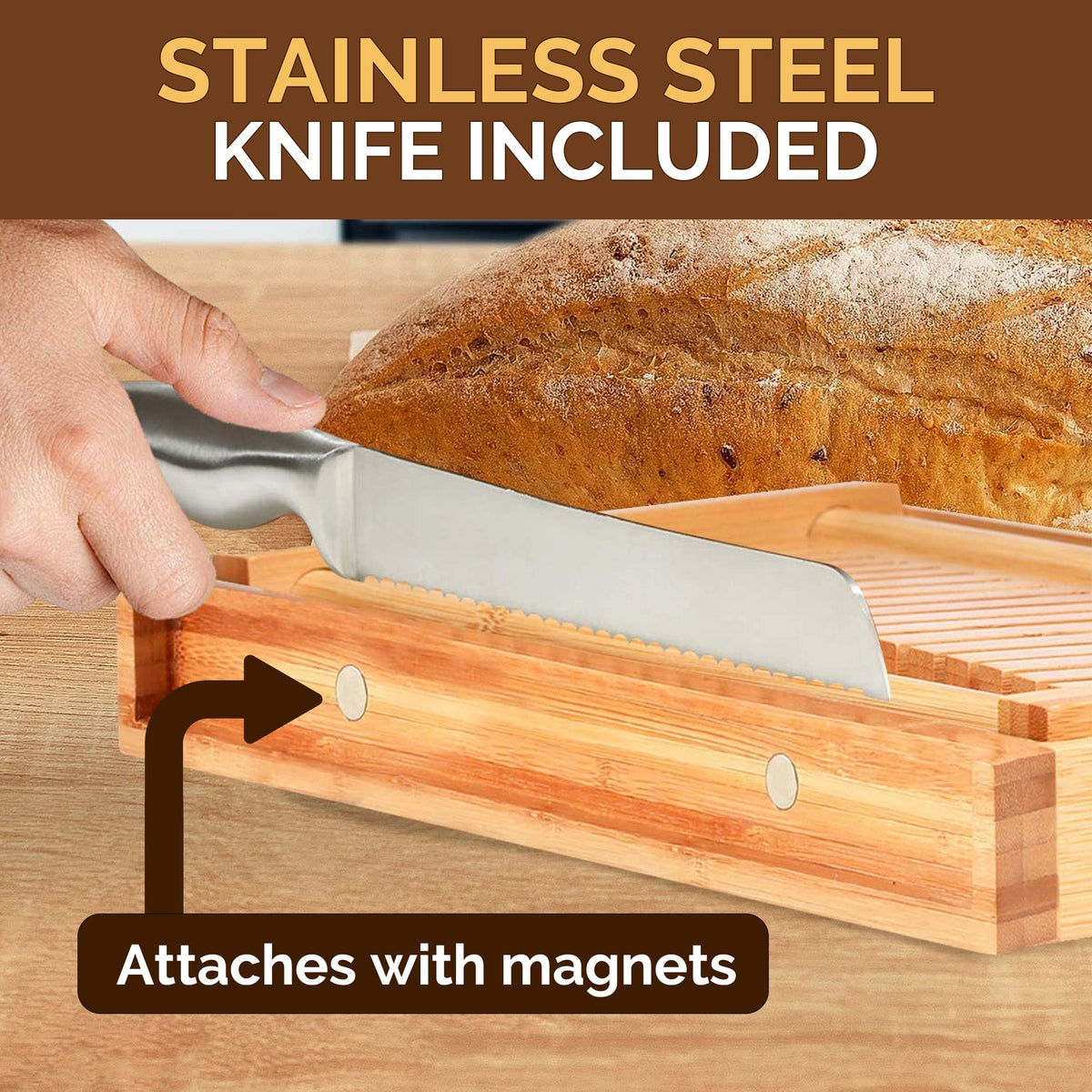 Foldable Bamboo Bread Slicer with Knife and Crumb Tray | Adjustable Bread Cutter for Homemade Loaves Sourdough Bagels and Cakes | Perfect Kitchen Baking Gift