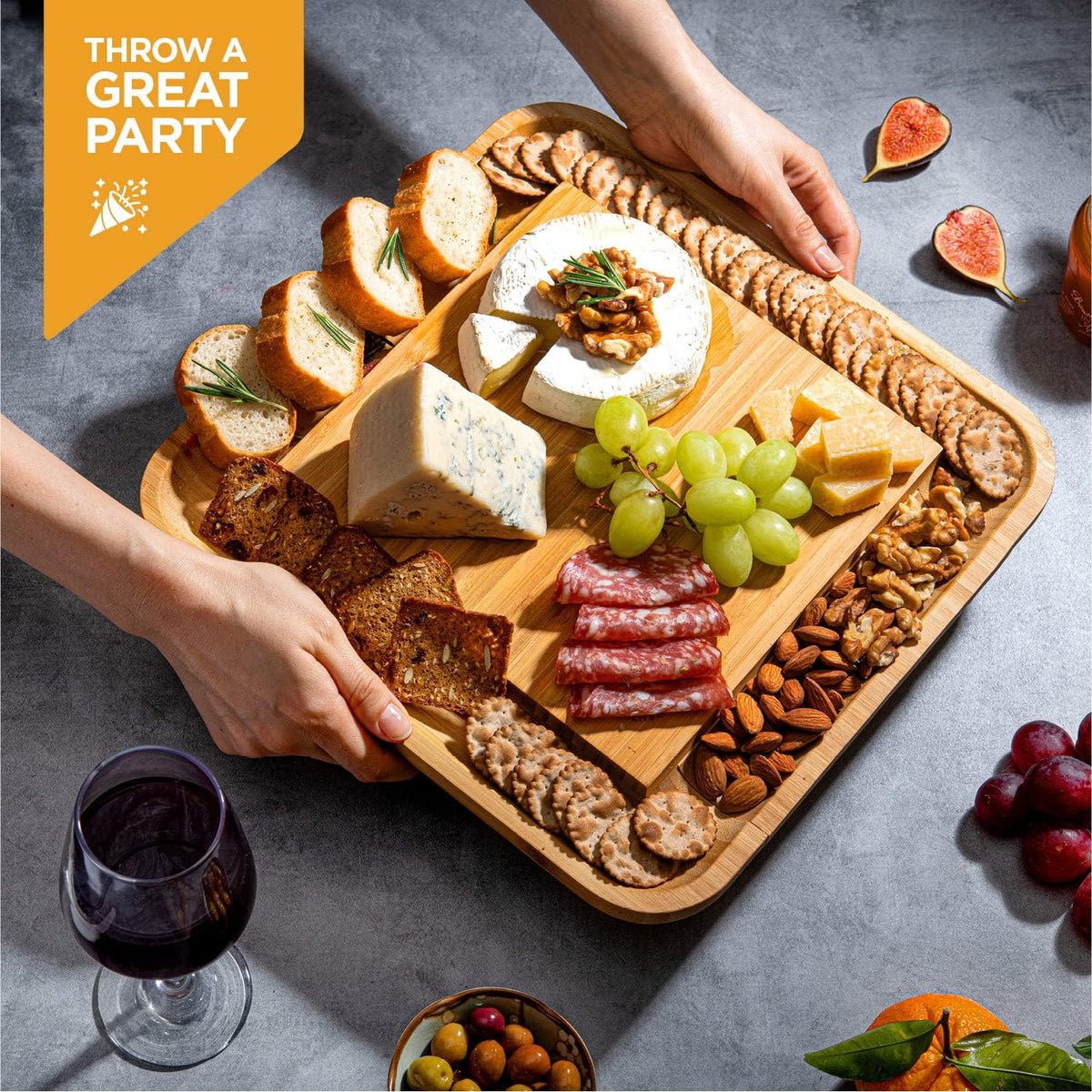 Personalized Bamboo Cheese Board Set with Knife Drawer & Bowls – Charcuterie Platter for Entertaining & Gifting