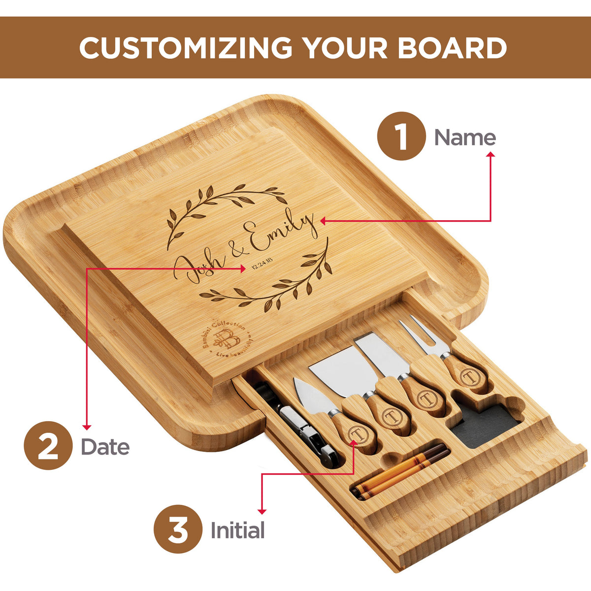 Personalized Bamboo Cheese Board Set with Knife Drawer & Bowls – Charcuterie Platter for Entertaining & Gifting