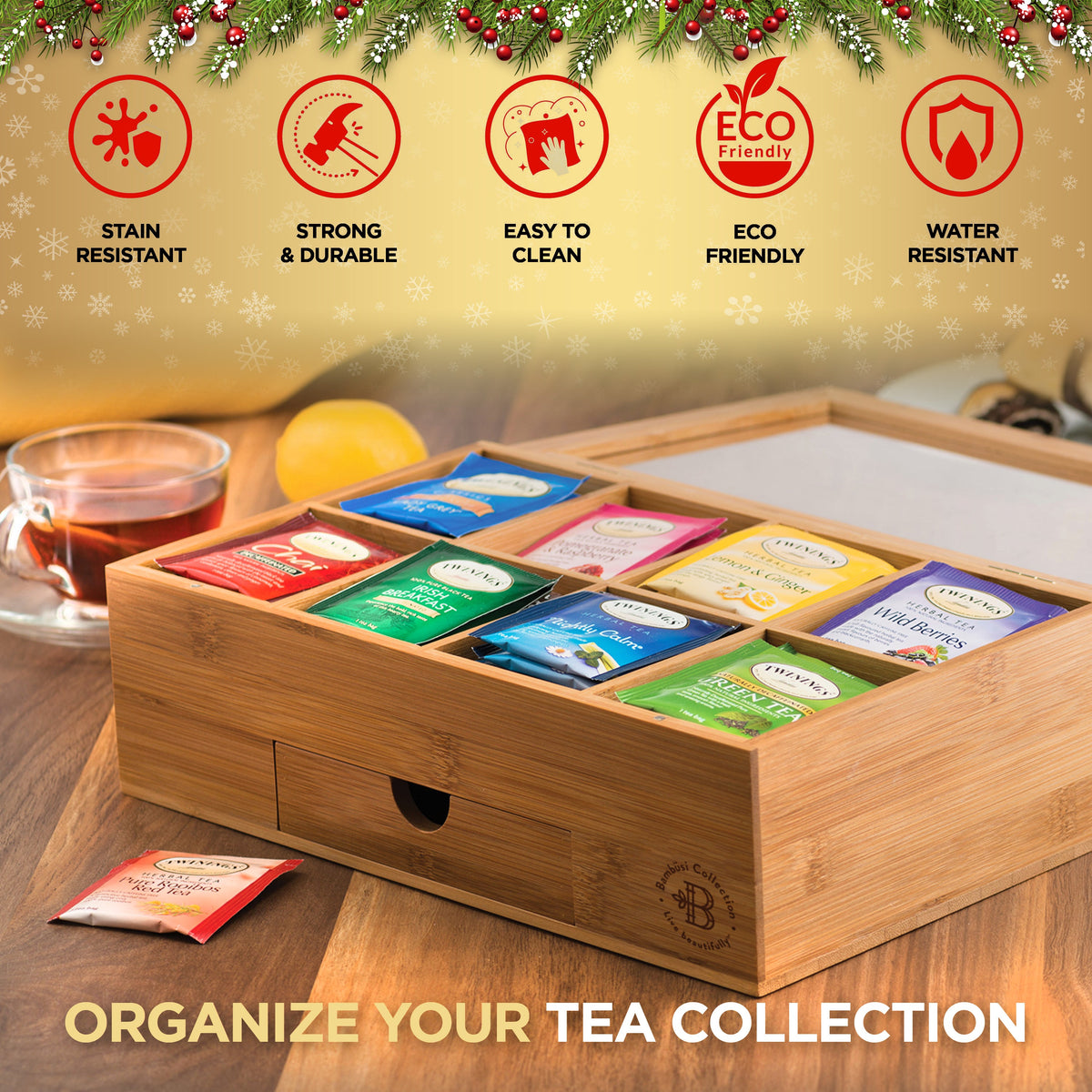 Bamboo Tea Organizer Box with 8 Compartments and Magnetic Lid for Kitchen Storage