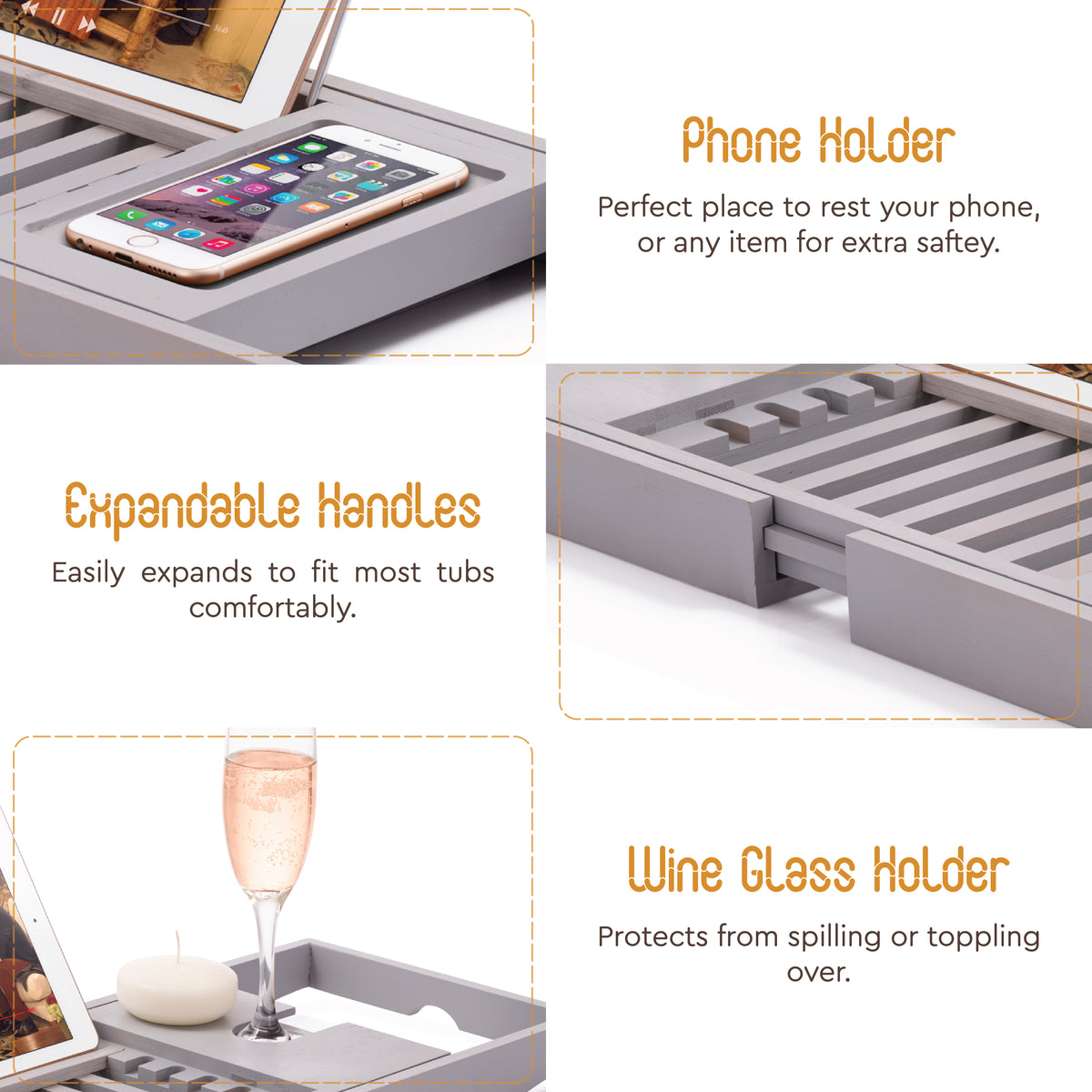Adjustable Bamboo Bathtub Tray – Expandable Bath Caddy with Wine Glass, Tablet & Book Holder (Gray)