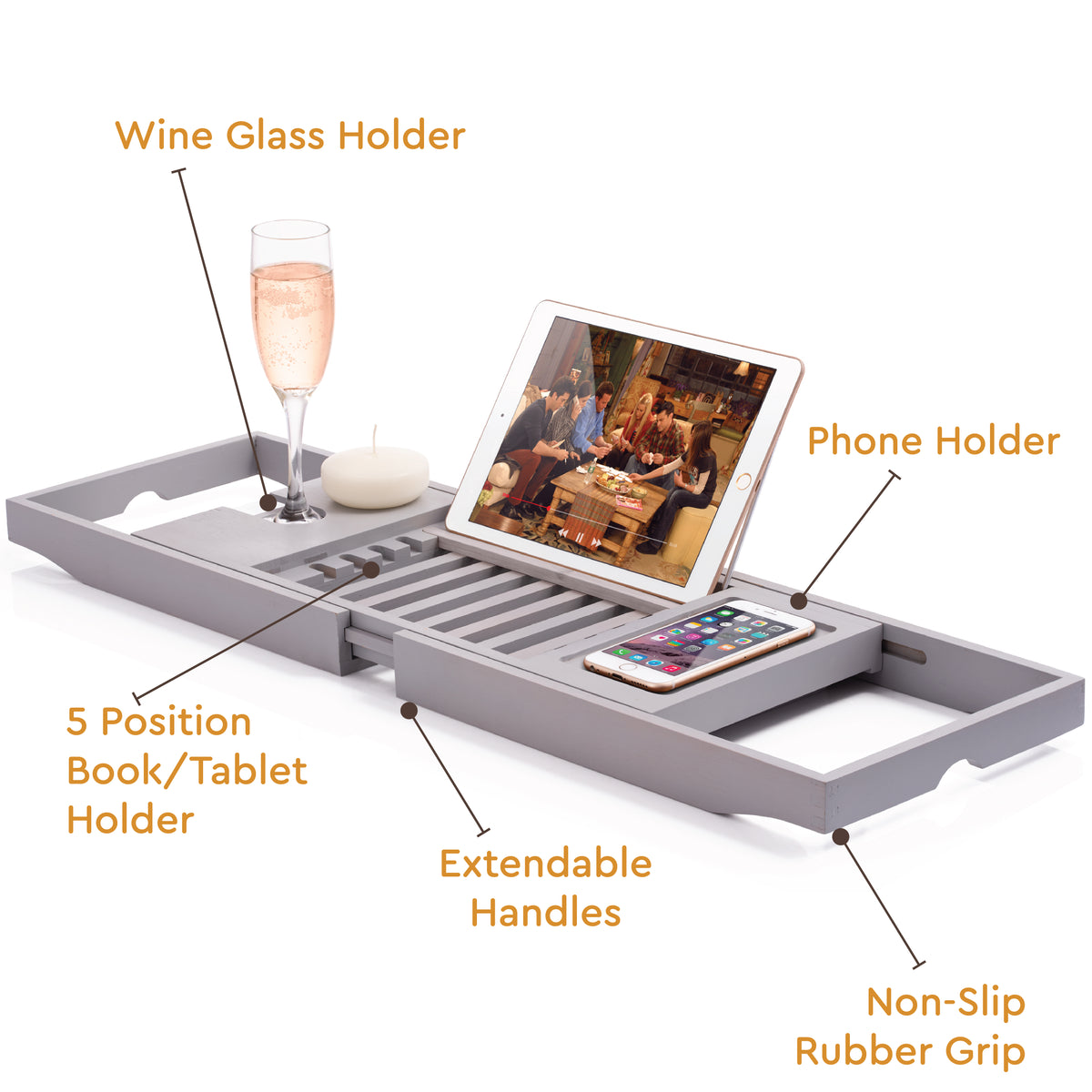 Adjustable Bamboo Bathtub Tray – Expandable Bath Caddy with Wine Glass, Tablet & Book Holder (Gray)