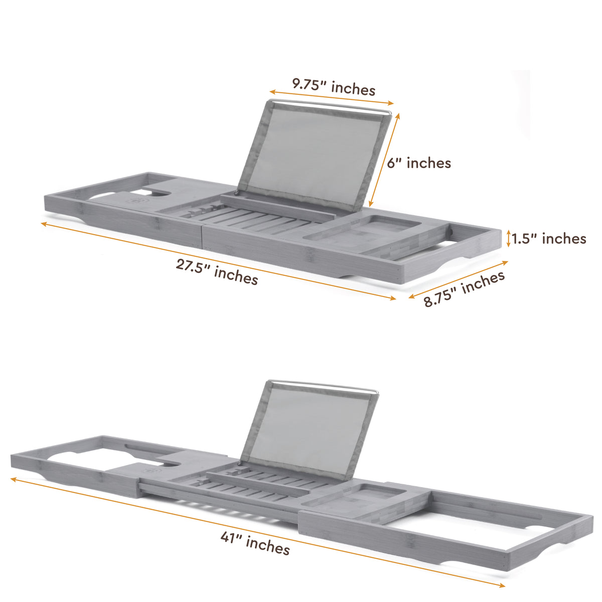 Adjustable Bamboo Bathtub Tray – Expandable Bath Caddy with Wine Glass, Tablet & Book Holder (Gray)