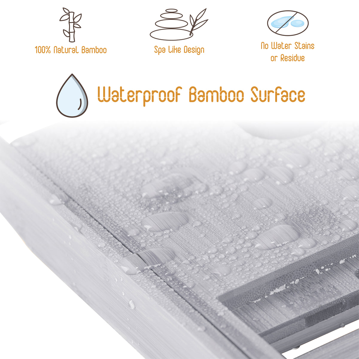 Adjustable Bamboo Bathtub Tray – Expandable Bath Caddy with Wine Glass, Tablet & Book Holder (Gray)