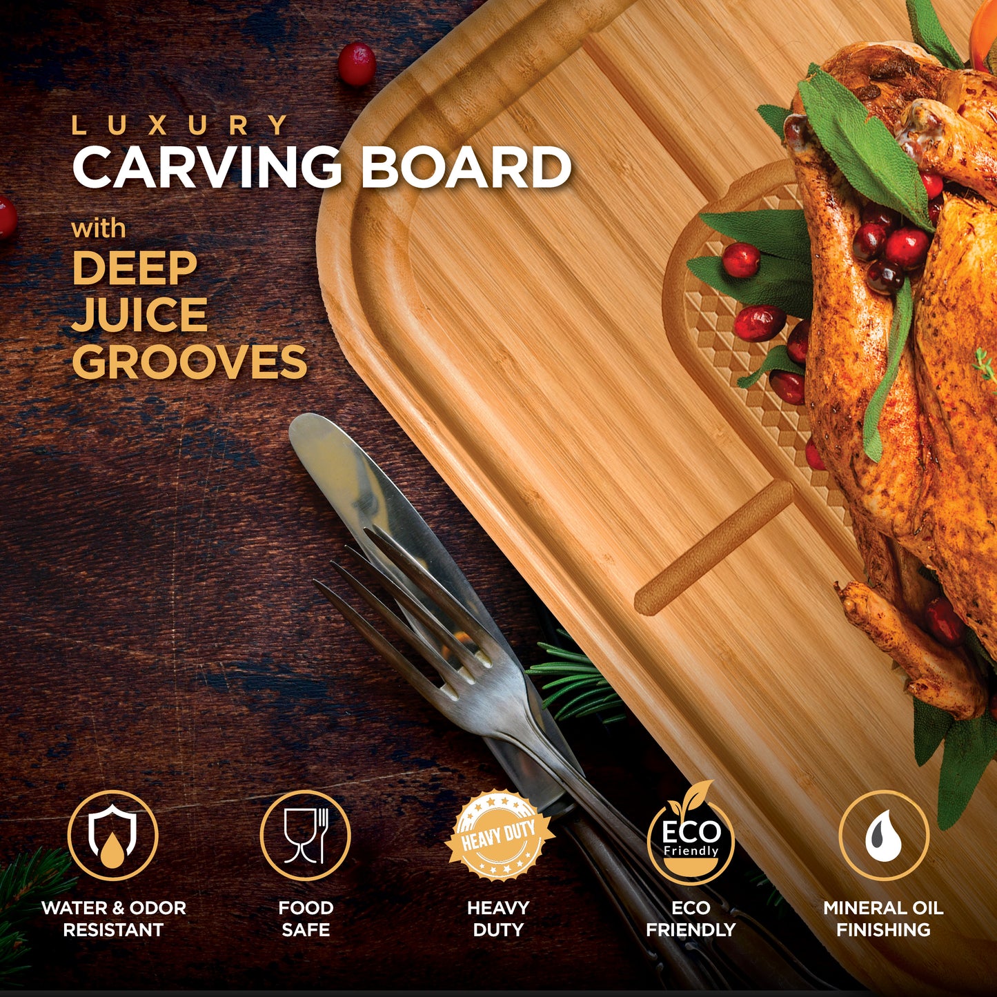 Bamboo Meat Carving Board with Spikes & Juice Groove