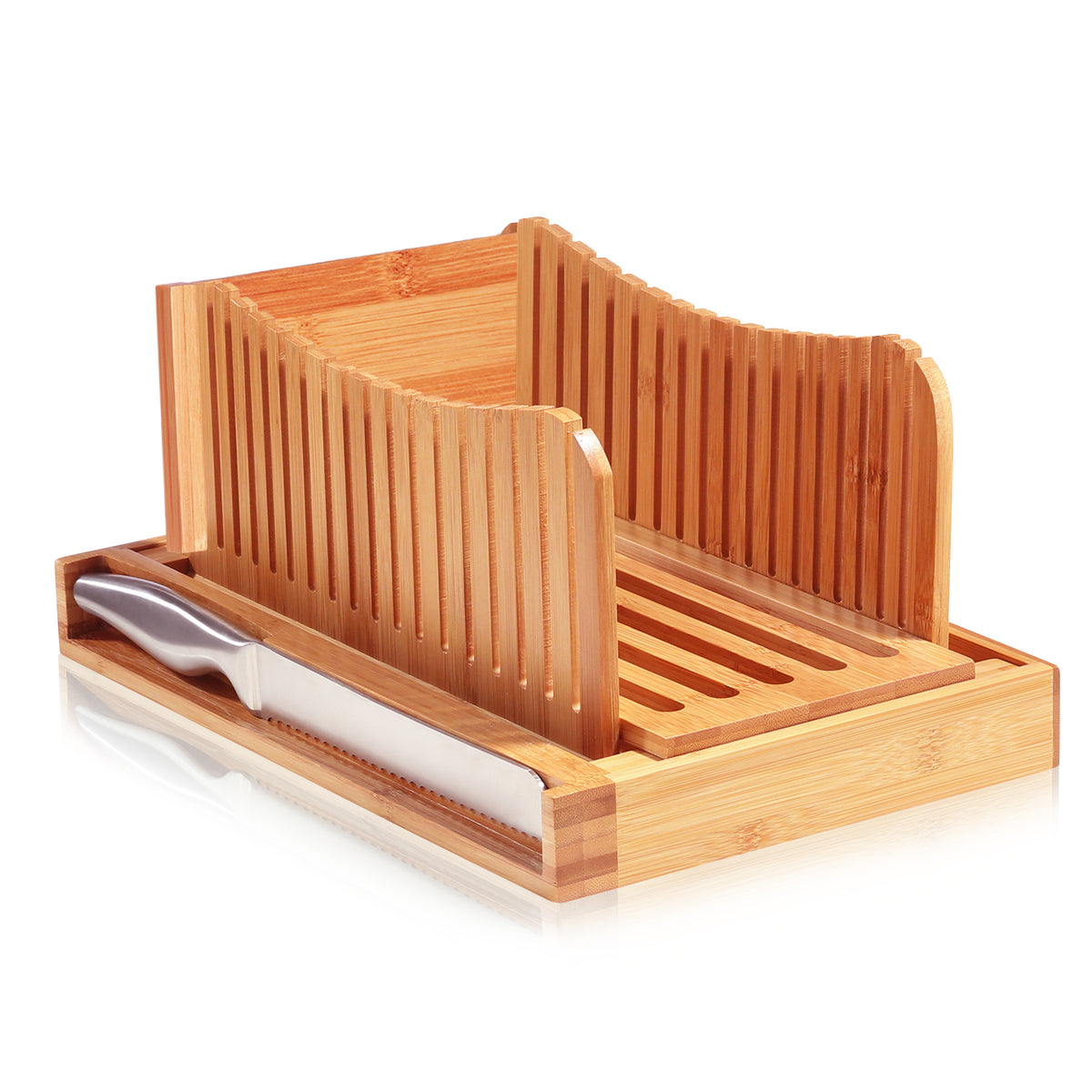 Foldable Bamboo Bread Slicer with Knife and Crumb Tray | Adjustable Bread Cutter for Homemade Loaves Sourdough Bagels and Cakes | Perfect Kitchen Baking Gift
