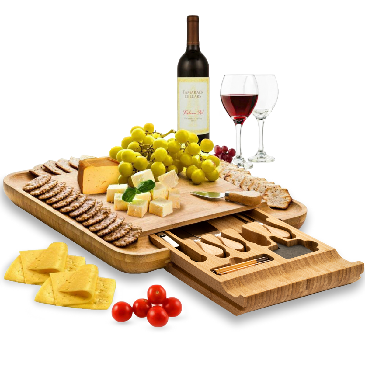 Bamboo cheese board with 4 cheese knives in a slide out drawer