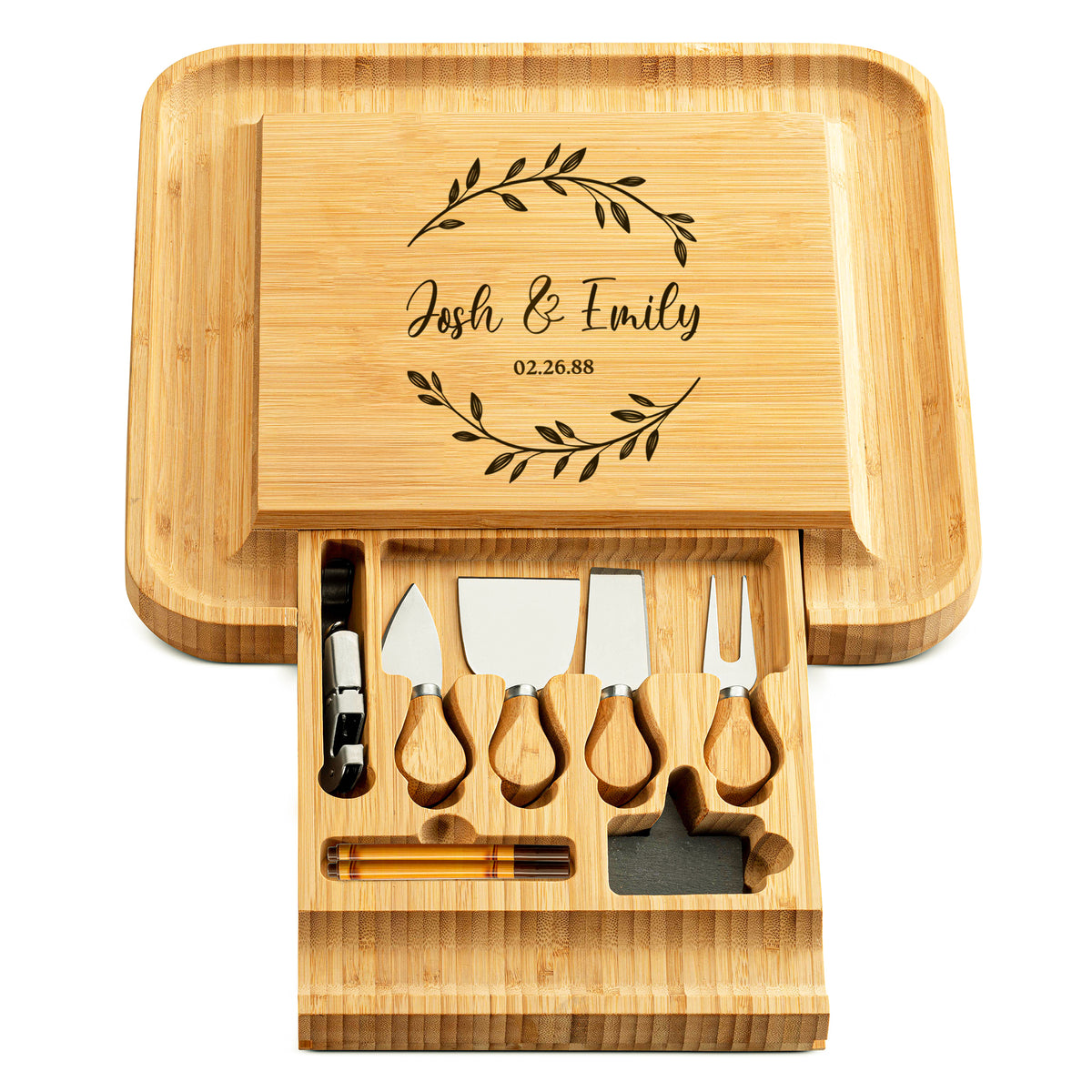 Personalized Bamboo Cheese Board Set with Knife Drawer & Bowls – Charcuterie Platter for Entertaining & Gifting