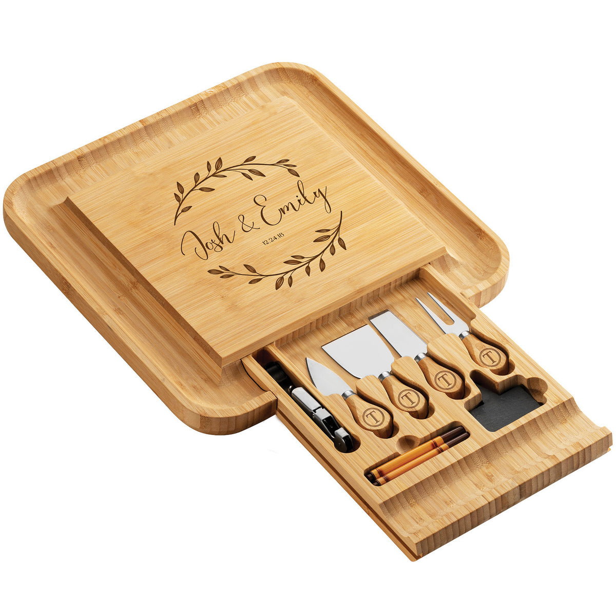 Personalized Bamboo Cheese Board Set with Knife Drawer & Bowls – Charcuterie Platter for Entertaining & Gifting