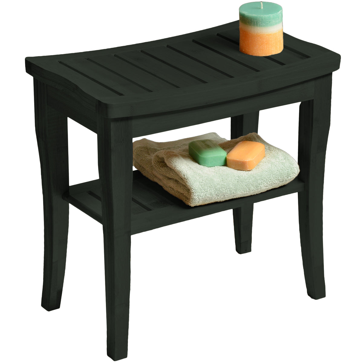 Bamboo Shower Bench with Shelf Black Wooden Bath Stool with Storage Non Slip Seat Spa Decor Bathroom Bench Foot Rest Shaving Stool for Indoor and Outdoor Use 17 x 9 x 17