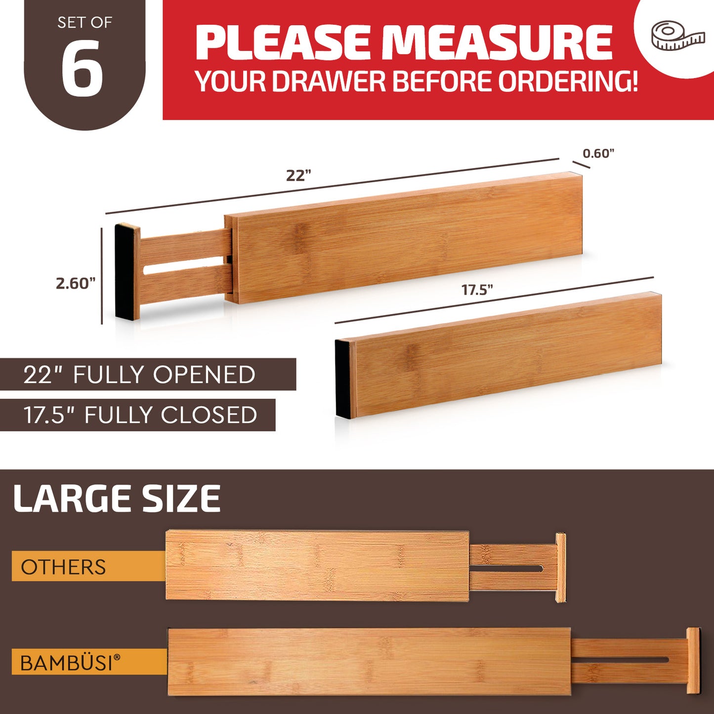 Adjustable Bamboo Drawer Dividers – 6-Pack - Adjustable 17" - 21.5"