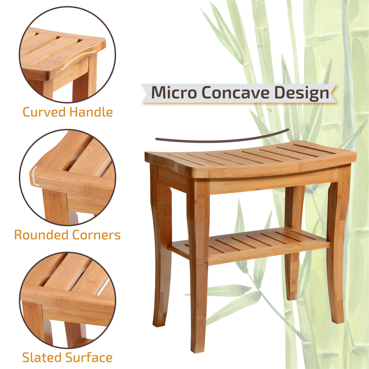 Bamboo Shower Bench with Shelf Black Wooden Bath Stool with Storage Non Slip Seat Spa Decor Bathroom Bench Foot Rest Shaving Stool for Indoor and Outdoor Use 17 x 9 x 17