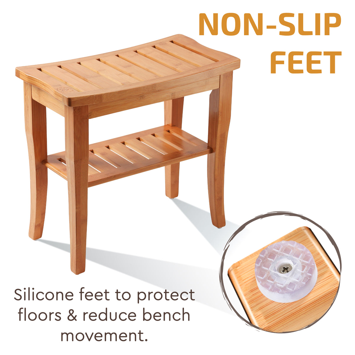 Bamboo Shower Bench with Shelf Black Wooden Bath Stool with Storage Non Slip Seat Spa Decor Bathroom Bench Foot Rest Shaving Stool for Indoor and Outdoor Use 17 x 9 x 17