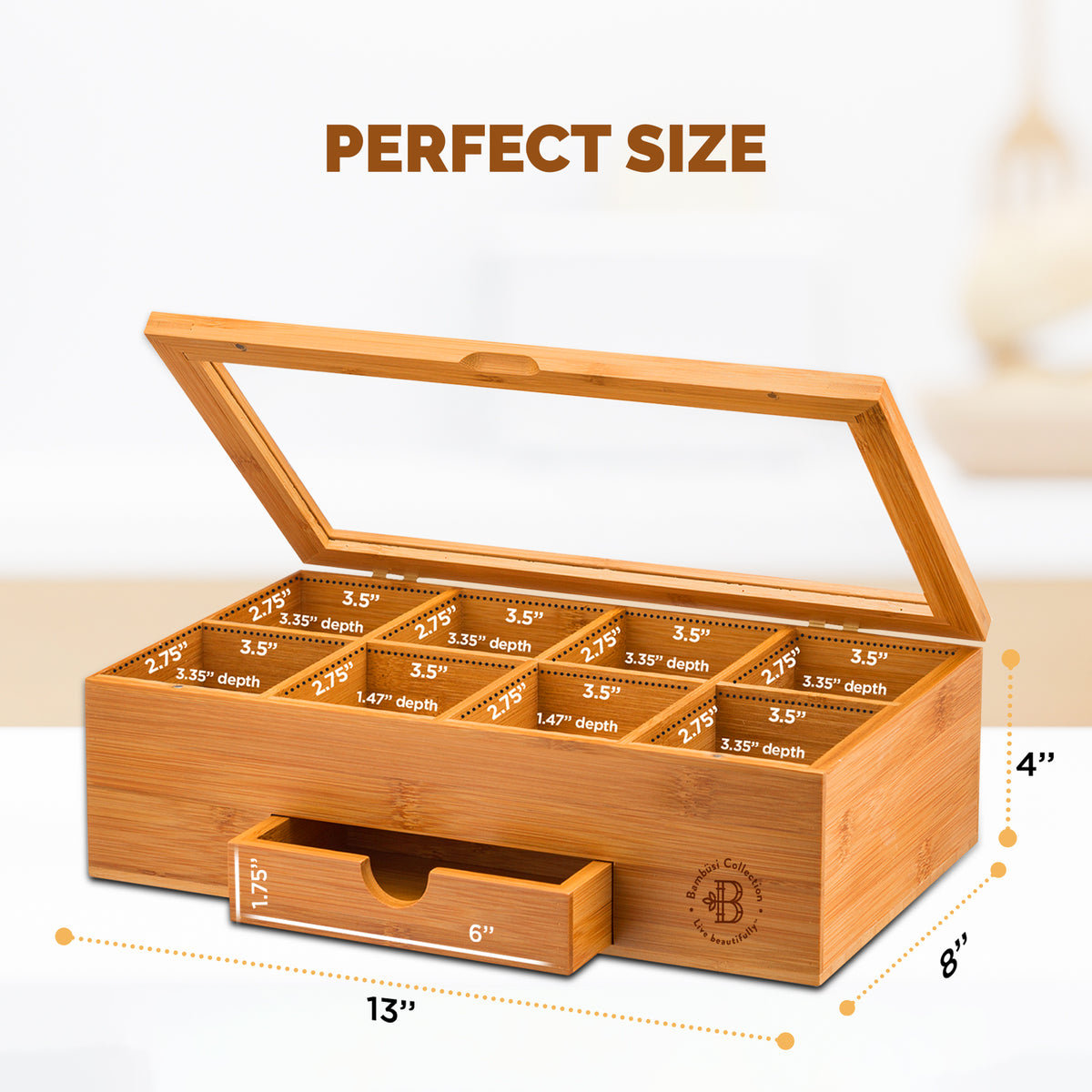 Bamboo Tea Organizer Box with 8 Compartments and Magnetic Lid for Kitchen Storage