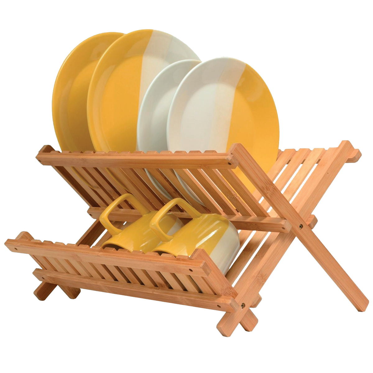 Foldable 2 tier bamboo dish drying rack with utensil holder