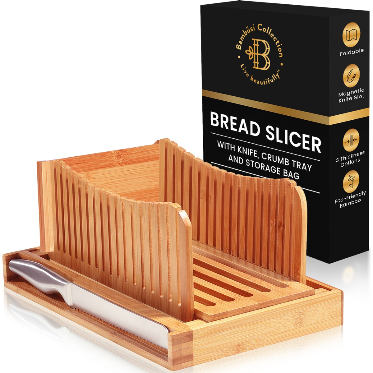 Foldable bamboo bread slicer with stainless steel knife and crumb tray