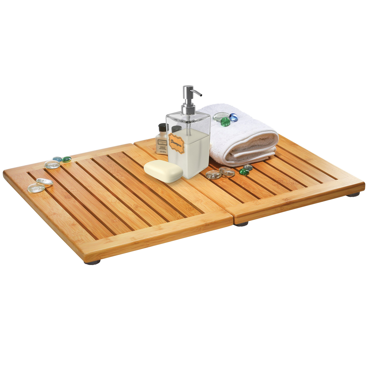 Bamboo Bath Mat - Foldable Non-Slip Wooden Shower Mat for Bathroom, Spa and Sauna (24” x 18”)