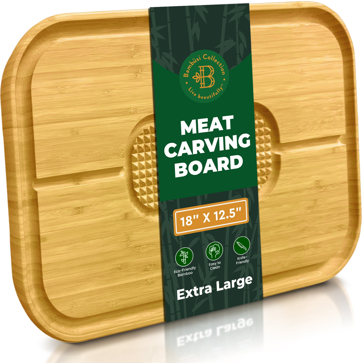 Meat Cutting Board - 18 x 13 Extra Large Bamboo Carving Board, Thick Butcher Block Cutting Board with Deep Juice Groove, Non Slip Center, Reversible Board for Steak, Brisket, Turkey, Grilling BBQ Prep