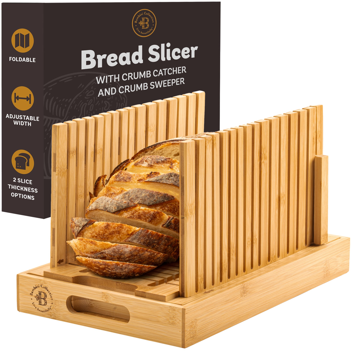 Adjustable bamboo bread slicer with crumb tray