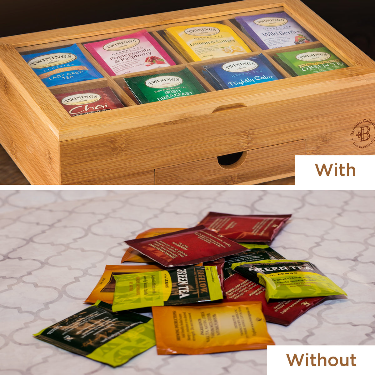 Bamboo Tea Organizer Box with 8 Compartments and Magnetic Lid for Kitchen Storage