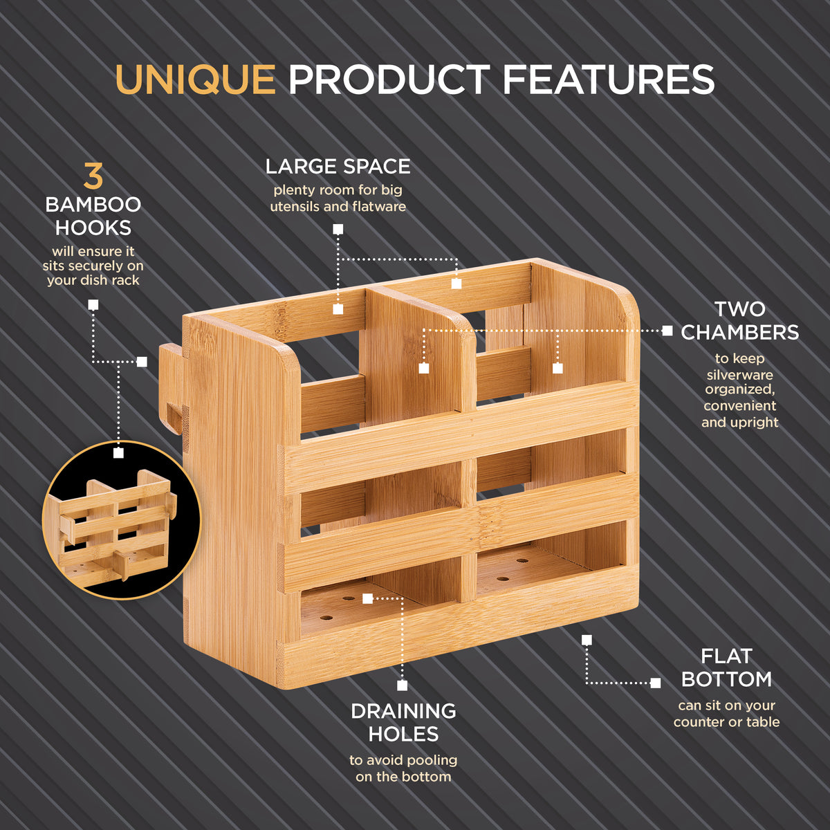 Bambüsi Bamboo Utensil Drying Holder with Hooks for Dish Rack