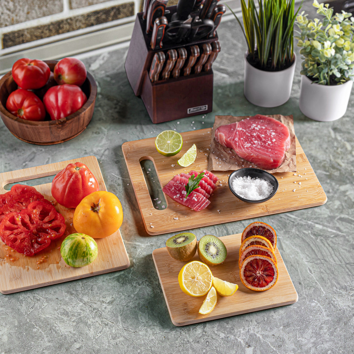 3 Piece Bamboo Cutting Board Set Wooden Chopping Boards for Kitchen Meat Vegetables Fruits and Cheese Reversible Knife Friendly and Eco Friendly Serving Trays with Handles