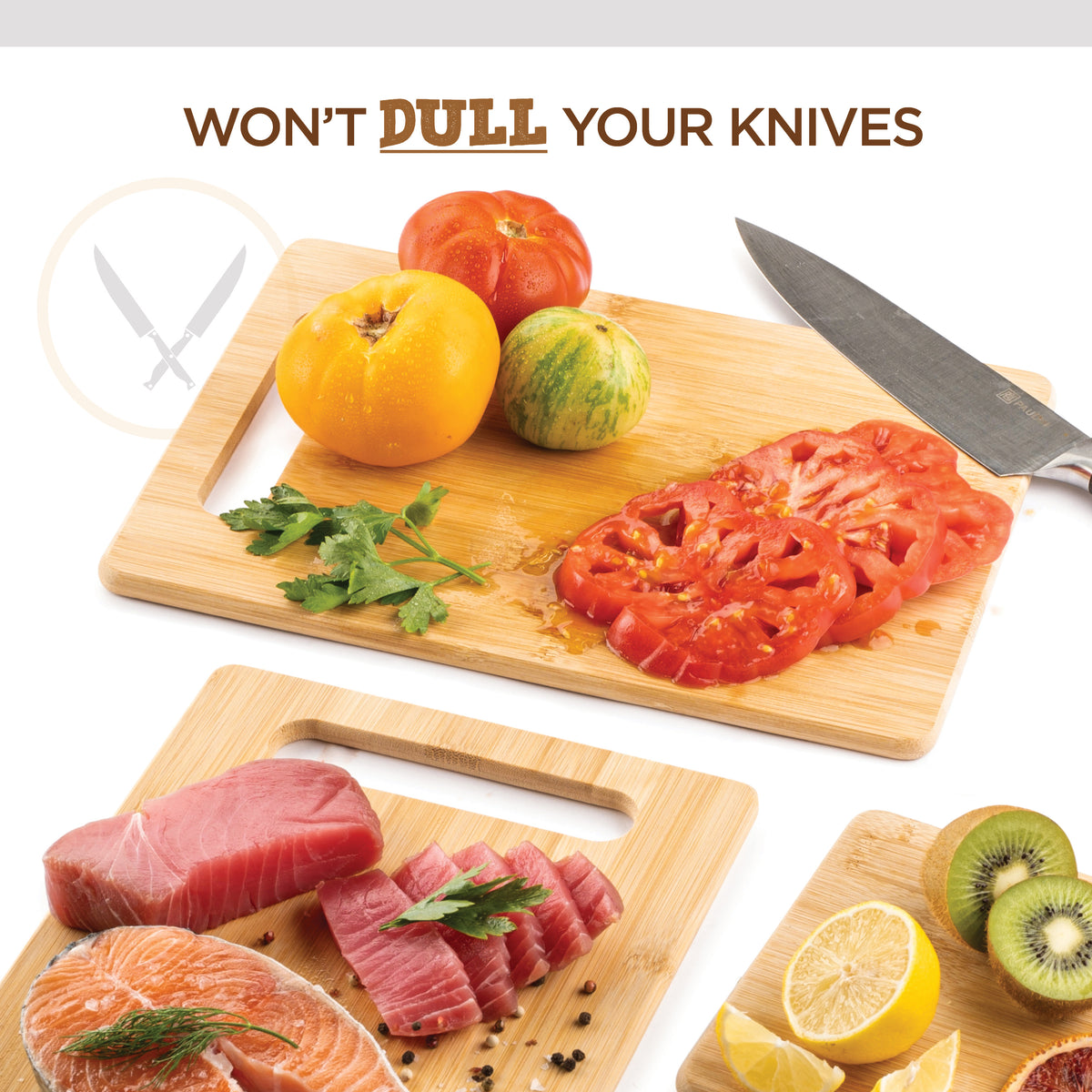 3 Piece Bamboo Cutting Board Set Wooden Chopping Boards for Kitchen Meat Vegetables Fruits and Cheese Reversible Knife Friendly and Eco Friendly Serving Trays with Handles