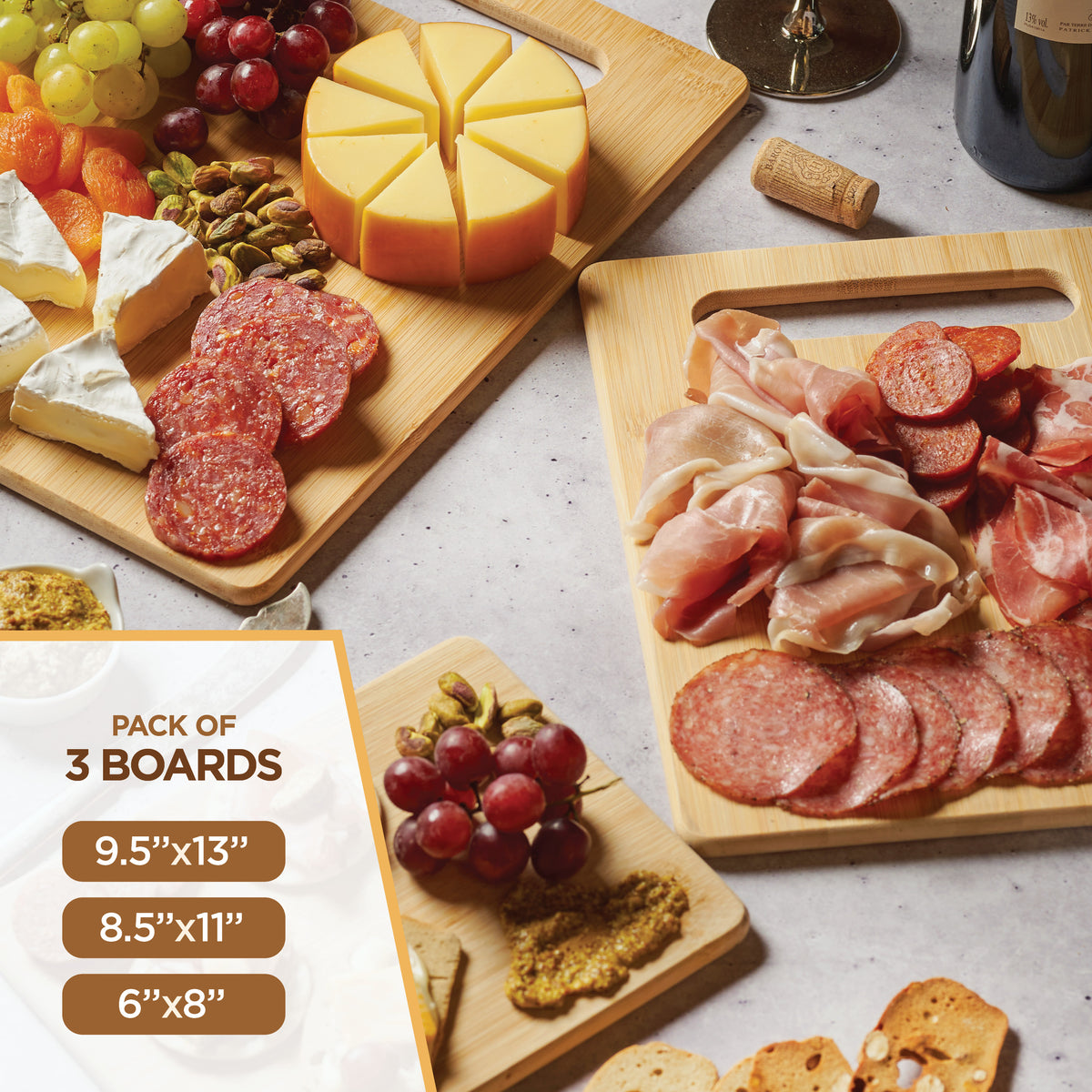 3 Piece Bamboo Cutting Board Set Wooden Chopping Boards for Kitchen Meat Vegetables Fruits and Cheese Reversible Knife Friendly and Eco Friendly Serving Trays with Handles