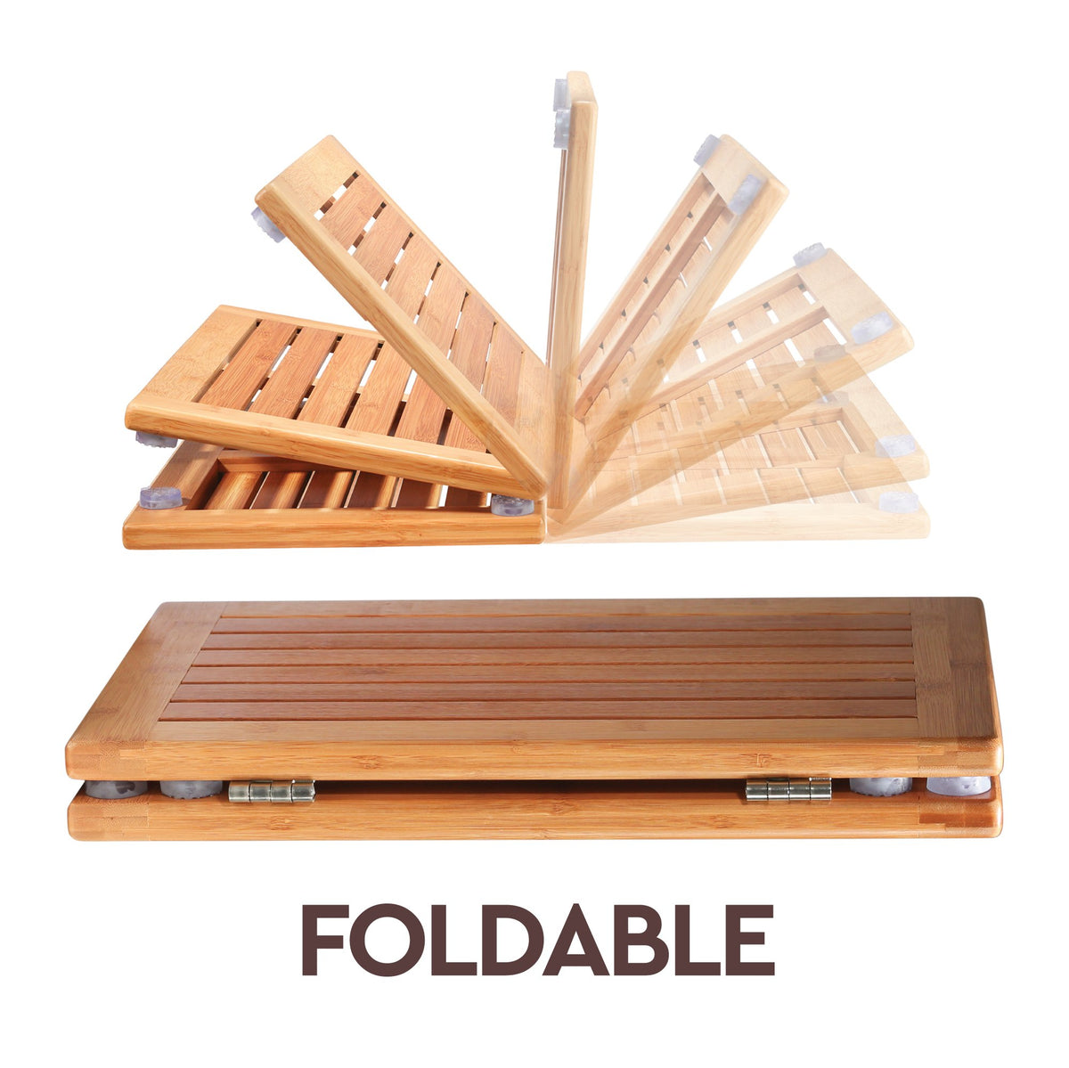 Bamboo Bath Mat - Foldable Non-Slip Wooden Shower Mat for Bathroom, Spa and Sauna (24” x 18”)