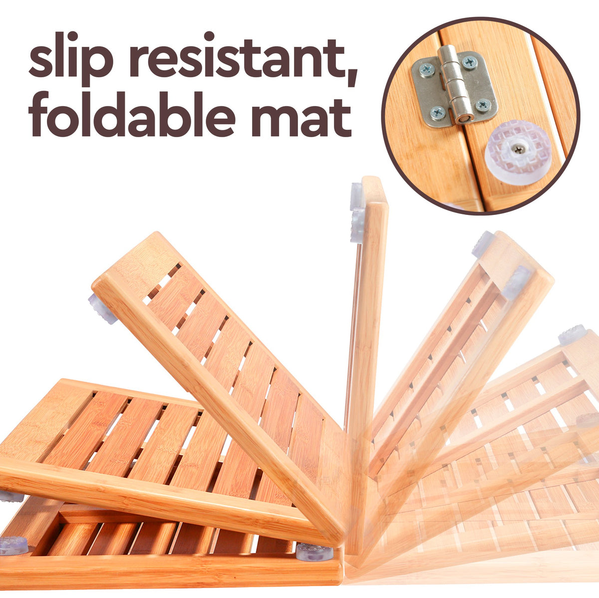 Bamboo Bath Mat - Foldable Non-Slip Wooden Shower Mat for Bathroom, Spa and Sauna (24” x 18”)