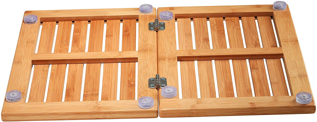 Bamboo Bath Mat - Foldable Non-Slip Wooden Shower Mat for Bathroom, Spa and Sauna (24” x 18”)