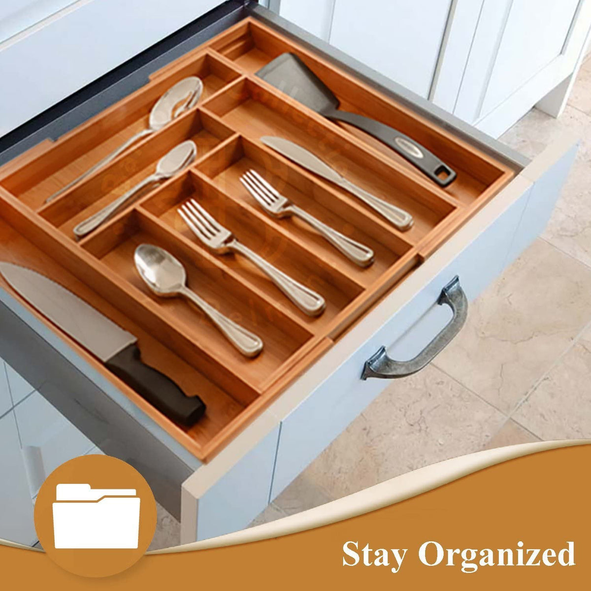 Bamboo Silverware Drawer Organizer for Kitchen Utensils and Knives