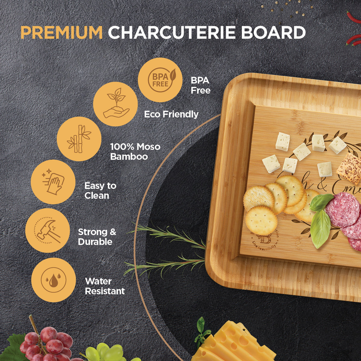 Personalized Bamboo Cheese Board and Knife Set – Custom Engraved Charcuterie Board