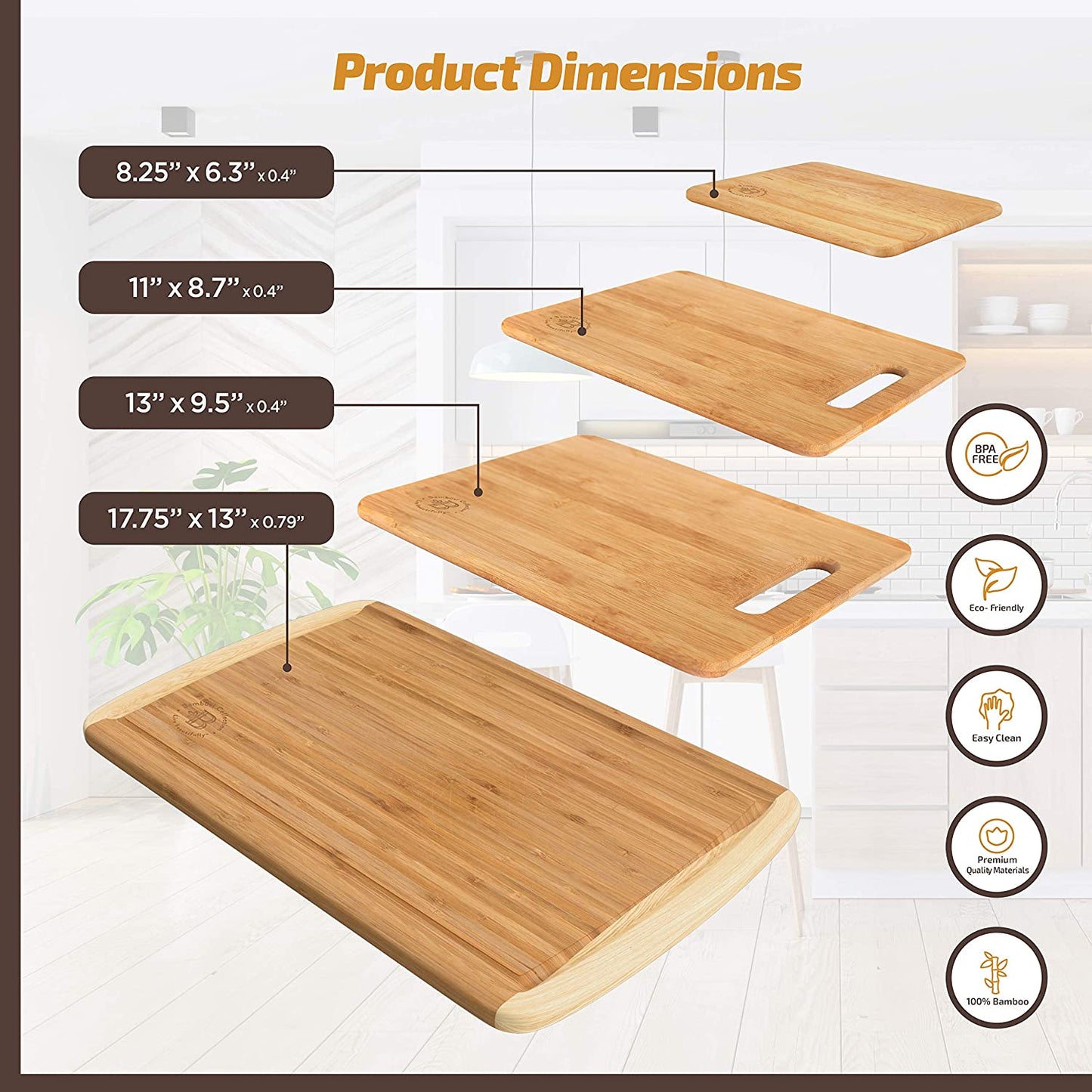 4-Piece Bamboo Cutting Board Set for Kitchen, with Juice Groove for Meat, Cheese and Vegetables