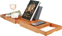 Load image into Gallery viewer, Premium Bamboo Bathtub Tray Caddy - Expandable Wood Bath Tray with Book/Tablet Holder, Wine Glass Slot- Gift Idea for Loved Ones
