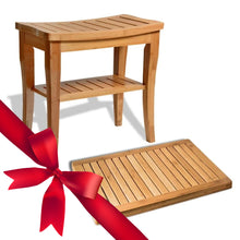 Load image into Gallery viewer, Bamboo Shower Stool with Storage Shelf and Floor Mat
