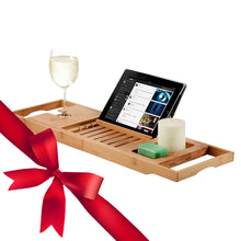 Load image into Gallery viewer, Premium Bamboo Bathtub Tray Caddy - Expandable Wood Bath Tray with Book/Tablet Holder, Wine Glass Slot- Gift Idea for Loved Ones

